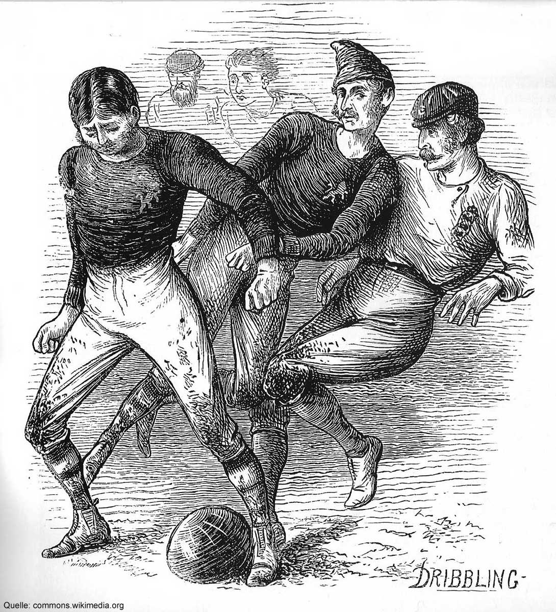 Schottische Mannschaft spielt gegen eine englische Mannschaft; Illustration vom ersten internationalen Fußballmatch aus dem Jahr 1872